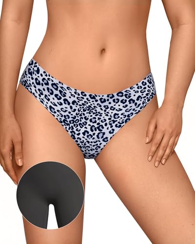 Image of OEAK Seamless Thongs for Women Invisible Thongs No Show Thong Panty Liners Tangas Comfortable Workout G-Strings Underwear Leopard Grey XS