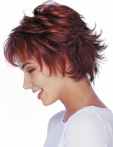 RENERSHOW Short Red Pixie Cut Wavy Wigs for White Women