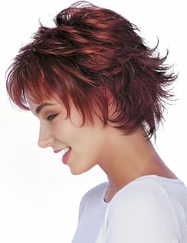 RENERSHOW Short Red Pixie Cut Wavy Wigs for White Women with Bangs Burgundy Highlight Synthetic Wig 6 Inch
