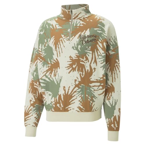 PUMA Mens Childhood Dreams Graphic Mock Neck Long Sleeve Quarter Zip Casual Tops Casual Pullover - Beige, Brown, Green