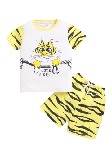 LITTLE NINJA Cotton Half Sleeves Cute Tiger Printed Coordinating Tee & Shorts Set - Cream & Yellow