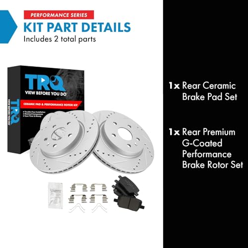 Image of TRQ Performance Rear Ceramic Brake Pad and Rotor Set Drilled Slotted Coated Compatible with 17-19 Chevrolet Camaro Brake Code JL9 RPO Code J55 Heavy Duty Brakes without Brembo Package