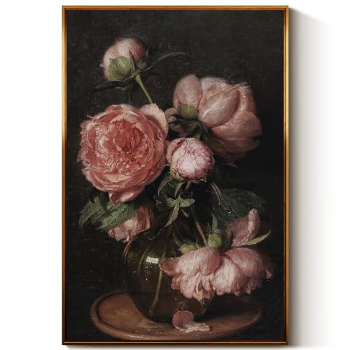 InSimSea Golden Framed Vintage Canvas Wall Art Peonies Still Life with Flowers Floral Painting 24x36in, Moody Rustic Bouquet of Roses in Vase Wall Decor, Pink Peony Print Farmhouse Home Decor