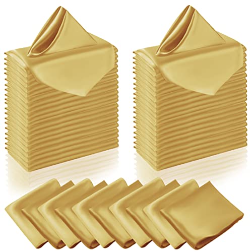 Manyshofu 50 Pieces Yellow Gold Satin Napkins - 12x12 Inches Cloth Napkins, Square Satin Fabric Napkin Set - Soft & Smooth Table Napkins for Wedding Dinner Party Lunch Banquet Restaurant Decoration