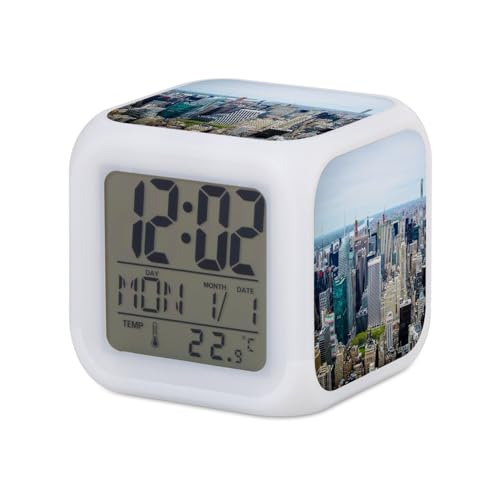 Fabulous Réveil Cube Lumineux Blanc - Ville Gratte-Ciel Paysage Urbain USA - 7,8 x 7,8 x 7,8 cm - Retro Éclairage Multicolore LED