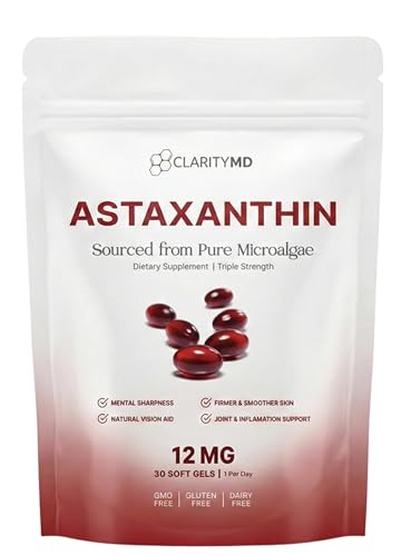 ClarityMD Astaxanthin 12mg Antioxidants Supplement Natural Microalgae Source Lipid-Based Softgel for Enhanced Absorption Cognitive Vision & Joint Support 30 Softgels (Pack of 1)
