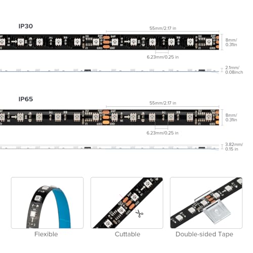 Image of SEZO WS2811 LED Strip Light 16.4FT 108 Pixel /M Individual Addressable LED Strip SMD5050 RGB Dream Color Programmable LED Light Strip Flexible 540LEDs DC5V IP30 Non-Waterproof Black PCB