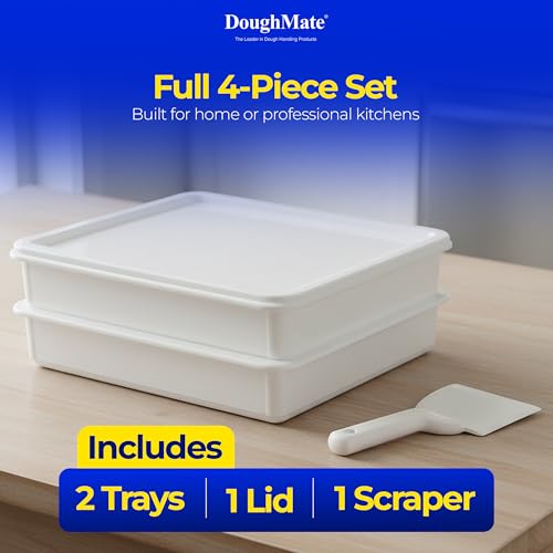 DoughMate® Artisan Kit – 2 Pizza Dough Proofing Trays, 1 Lid, and Dough Scraper – Food Contact Certified, Stackable, Made in USA