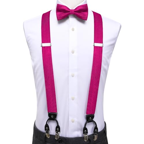 Image of Hi-Tie Men Suspender Bowtie Set Suspenders Pre-tied Bow Tie Pocket Square Cufflinks Adjustable Y Shape 6 Clips Braces Tuxedo