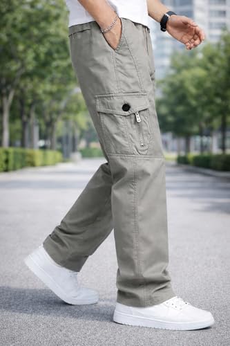 Image of Men's Utility Cotton Cargo Trousers,Men's Multi-Pocket Casual Cargo Pants