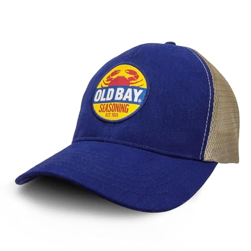 Image of Tee Luv Old Bay Seasoning Hat - Old Bay Crab Logo Mesh Back Baseball Cap (Blue /Tan)