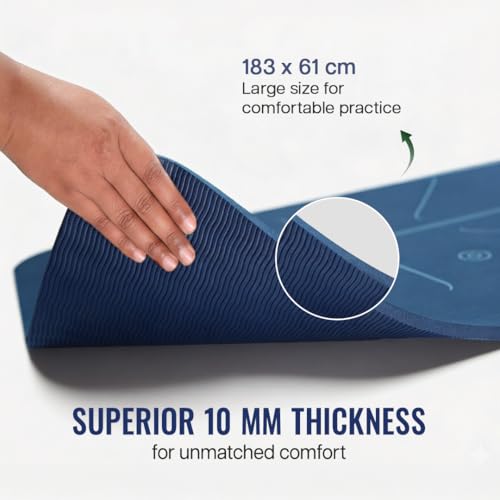 Image of WiseLife TRUE Body Lotus Alignment Yoga Mat + Sleek Yoga Strap for Men & Women | Non-Slip, Extra Wide ECO TPE Exercise Mat for Home, Pilates, Gym & Fitness (Blue 10 mm)