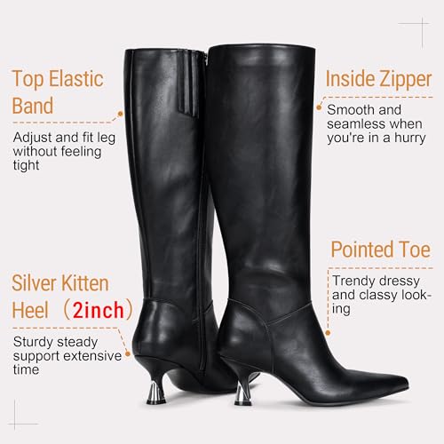 Image of Vepose Women's Knee High Tall Faux Leather Boots, Pointed Toe Kitten Heeled Dress Ladies Fashion Riding 9525 Boots with Side Zipper, Elegantes Casual Comfort Botas Trendy Para Mujer