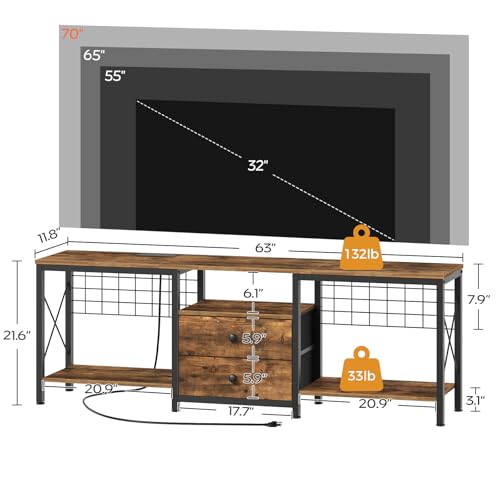 Image of TV Stand with Power Outlet Up to 70 Inch, Entertainment Center with 2 Fabric Drawers, TV Console Table with Open Storage Shelves for TVs, Cable Management, for Living Room, Bedroom, DS16UBRY1
