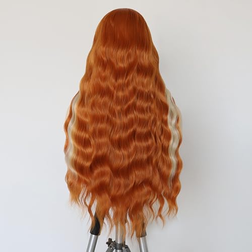 Perruque orange longue ondulée sans colle pour éviter les irritations et changer de style - 4