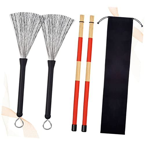 Conjunto de baquetas de bambú y cepillos de alambre de acero Levemolo para percusión acústica de jazz, incluye cepillos profesionales, baquetas de bambú y bolsa con cordón para almacenamiento miniatura 1