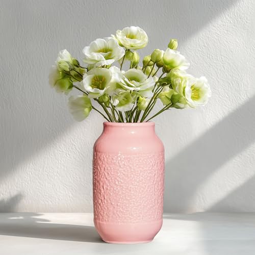 Wancetang Pink Ceramic Vase, 9 inch Cute Flower Vase for