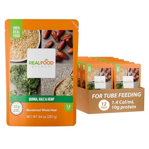 Image of REAL FOOD BLENDS Quinoa, Kale & Hemp, Pureed Food Meal for Tube Feeding, 10g Protein, 23 Vitamins and Minerals, 9.4 oz (12 Pack)