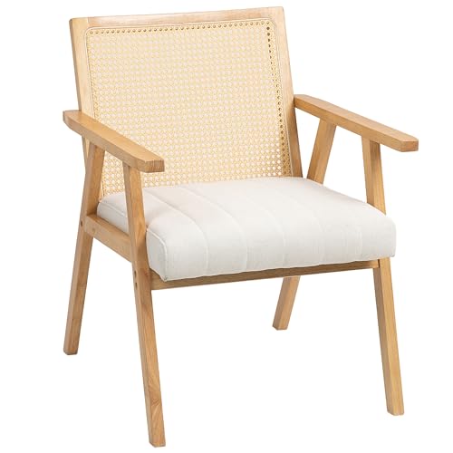HOMCOM Fauteuil Relax pour Salon Chambre Confortable, Chaise cannage avec Dossier en rotin et Coussin rembourré et accoudoirs, Bois...