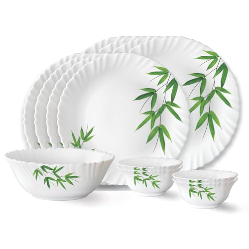 Bamboo Leaves Fluted Series Opalware Dinner Set | 13 Pieces for Family of 4 | Microwave & Dishwasher Safe | Bone-Ash Free | Crockery Set for Dining & 