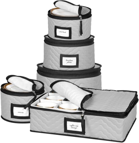 China Storage Containers 5-Piece Set Moving Boxes for Dinnerware, Glasses, Plates, Mugs and Saucers Sturdy Quilted Microfiber Dish Organizer with Dividers for Seasonal Storage - Holds Set of 12, Gray
