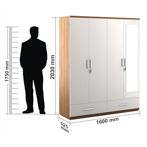 Image of Spacewood Apex 4 Door Wardrobe with Mirror | Frosty White Finish | Engineered Wood Almirah with 3 Drawers (1 Lockable), 2 Hanging Spaces & 1 Internal Locker | Bedroom Cupboard Almari | 3-Year Warranty