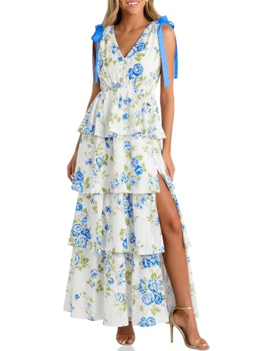 Image of Wenrine Womens Summer Floral Maxi Dress Tie Strap Sleeveless V Neck High Slit Boho Ruffle Tiered Beach Dresses