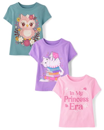 The Children's Place,Baby Girls,and Toddler Assorted Everyday Short Sleeve Graphic T-Shirts,multipacks,Cat Books/Princess Era/Owl 3-Pack,2 Years