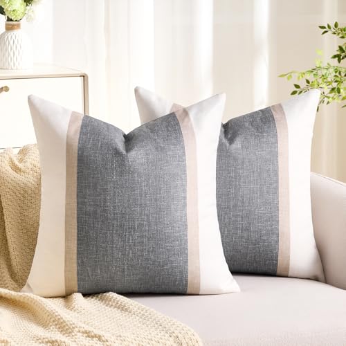 Aisybaklyn Housse de Coussin 45x45 cm Bleu Marine et Beige Moderne Épissage des Rayures Decoratif Coussin Canape Carré Doux et Confortable Taie d'oreiller...
