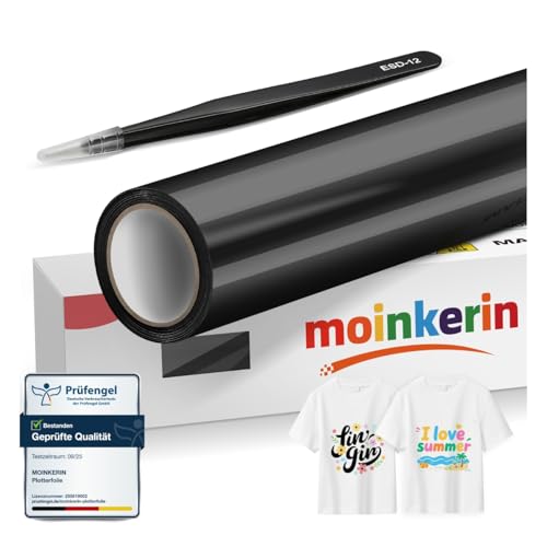 moinkerin Schwarz 30 5x200cm Plotterfolie Textil & Transferfolie Plotter - PVC-Transferfolie mit Edelstahl-Pinzetten für DIY T-Shirts & Textilien