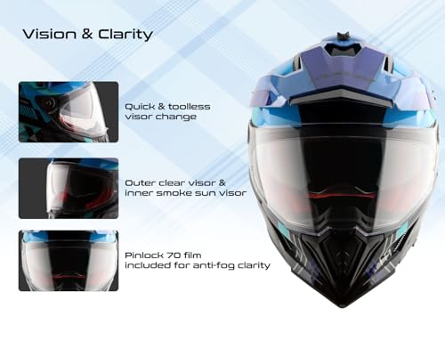 Image of Axor X-Cross Gambling ISI ECE and DOT Certified Premium Off-Road Full Face Helmet with Pinlock Fitted Dual Visors and Stylish Peak-Black Blue-L