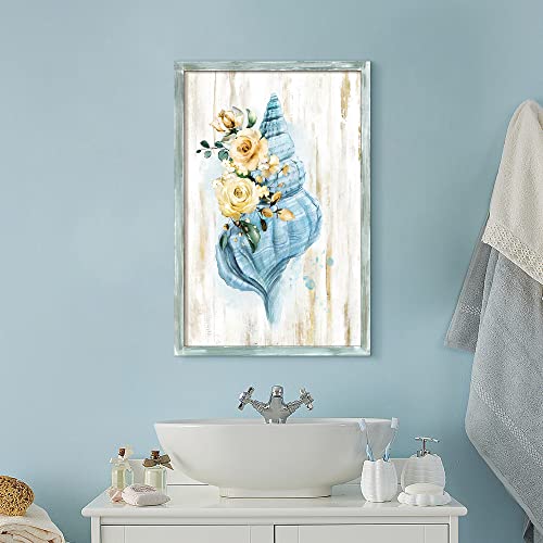 Beach Conch Shell Painting Picture: Framed Rustic Wooden Wall Art Coastal Sea Life Artwork Print Modern Living Room Bedroom Bathroom Wall Decoration For Home Office Decor 24"X16" #TOP2