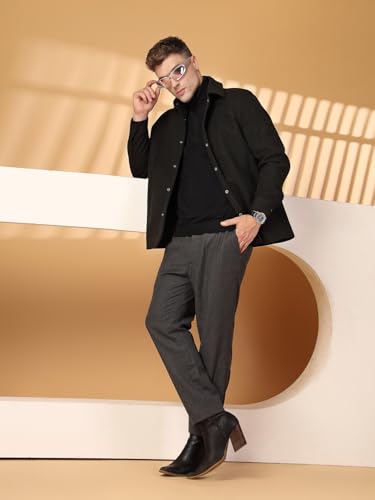 Image of CHKOKKO Men Tweed Modern Winter Coat Hip Length Single Breasted Overcoat With Spread Shirt Collar| Buttoned Cuffs And Front Side Pockets For Stylish Casual Or Formal Wear
