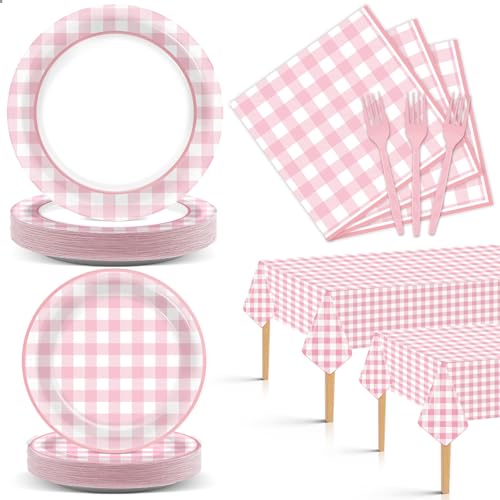 ZOIIWA 98 Pieces Pink Gingham Party Supplies for 24 Guests Pink and White Checkered Tableware Set Plaid Plates Napkins Tablecloth Party Decorations for Birthday Barbecue Picnic Dinner Favors