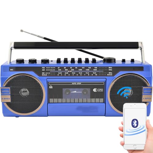 Classico Lettore di Cassette retrò in Stile Anni '80, Registratore di Cassette Bluetooth, Lettore di Cassette Radio (Scheda di Memoria/USB/Aux/Tf/Nastro), Am/Fm/SW1-2 Tre Bande,Blue