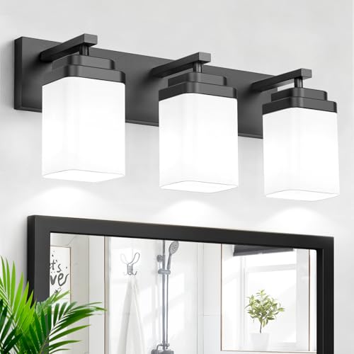 Image of Matte Black Bathroom Light Fixtures, 3 Lights Bathroom Lighting Fixtures Over Mirror, Square Design & Rectangle Large Backplate, Modern Vanity Lighting Fixtures, for Living Room /Bedroom
