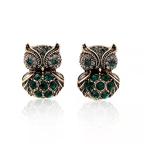 Rofeego Owl Antique Stud Earrings/Gifts for Owl Enthusiast/Pave Green Crystal