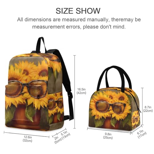 Glasses Sunflower Print Backpack Set with Lunch Bag, Large Capacity Travel Backpacks and Lunch Box Insulated for Commute Hiking Picnic2