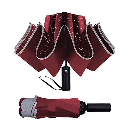 Leagera Sun Umbrella Uv Protection Compact Windproof Reverse Umbrella For Rain - 54 Inch Portable Automatic Open And Close Folding Inverted Car Travel Umbrella With Wooden Handle For Men,Dark Red #TOP1