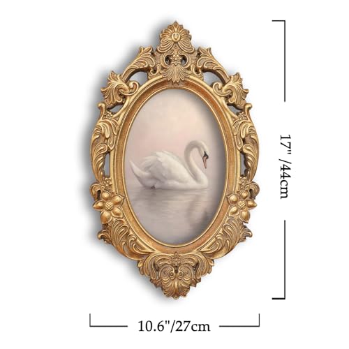XIAOAIKA ヴィンテージオーバルウォールアート、アンティーク調のゴールド木製フレーム、エレガントな白い白鳥の水彩プリント、バロック様式の動物の壁の装飾 寝室、保育園、玄関、43.2 cm x 26.9 cm