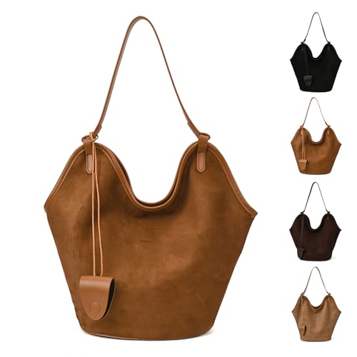 Faux Suede Tote Bag for Women Stylish Suede Satchels Bag Hobo Handbag with Interior Pockets Slouchy Purse for Work Travel
