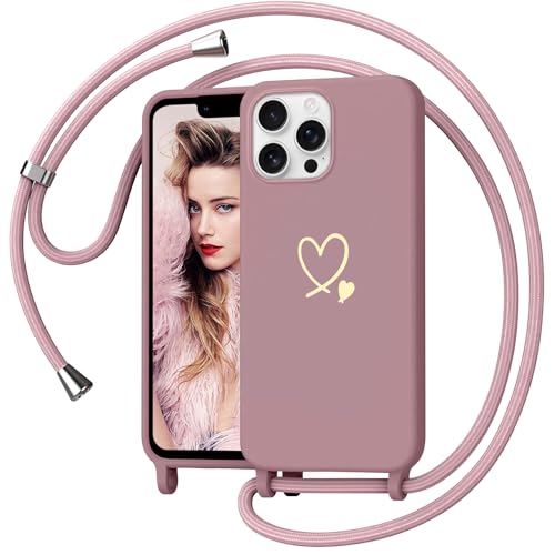 Yichxu Etui ze smyczą do iPhone'a 13 Pro Max, wzór serca etui na telefon komórkowy z regulowanym paskiem na ramię, miękki, odporny na wstrząsy, odporny na zarysowania płynny silikonowy futerał
