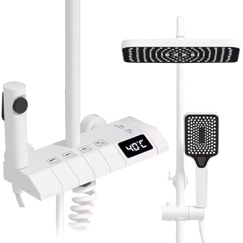 Ensemble de Colonne de Douche Thermostatique pour Salle de Bain, Pommeau de Douche de 3 Jets, Douche à Pluie Réglable en Hauteur, Affichage LED, Douche Set avec Mitigeur (Blanc)