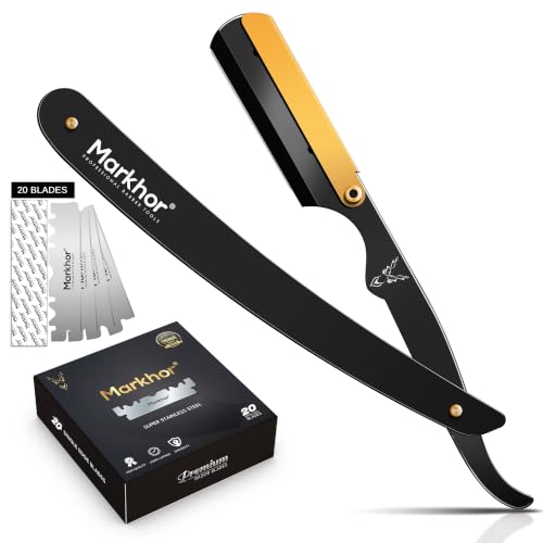 MARKHOR® Negro Mate Con Baño De Oro 24K - Navaja Afeitar Profesional con 20 Cuchillas para hoja de barbero - Cuchilla de Afeitar Hombre Estilo Barbero Clásico - Kit de Afeitado Premium