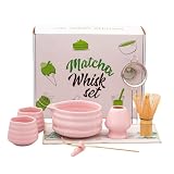 Matcha Set 9-Teiliges, Matcha Set Rosa mit Matcha Besen,Chasen,Matcha Schale,2 Matcha Tasse,Sieb,Löffel, Keramikschaufelständer,Teetuch aus Baumwolle Macha Tea Set Für Matcha-Liebhaber