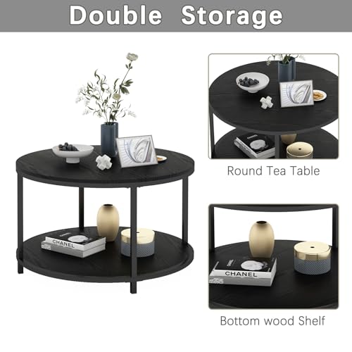 Image of NSdirect Round Coffee Table, 25.6 inch Small Coffee Table for Living Room,2-Tier Rustic Wood Desktop with Storage Shelf Modern Design Home Furniture(Black)