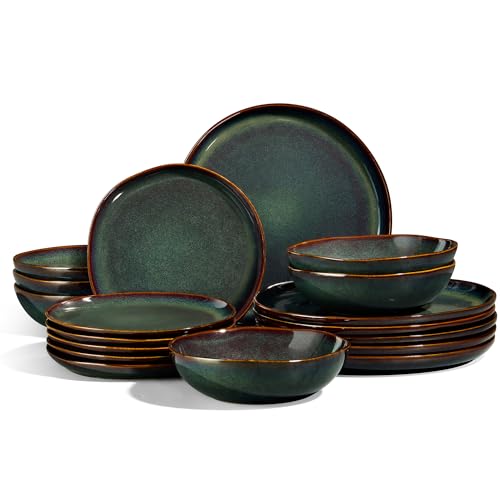 Joyfair Geschirrset 6 Personen, 18-tlg Steinzeug Tafelservice Set, Unregelmäßig Rund Geschirr mit Speiseteller, Dessertteller, Müslischalen, Mikrowellen- & Spülmaschinenfest, Reaktives Tundra Grün