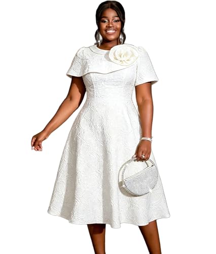 Image of AOMEI Women's Irregular Neck with Flower Short Puff Sleeve High Waist A-Line Jacquard Dress
