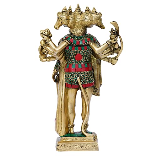 Image of eCraftIndia Golden And Colorful Stone Work Brass Handcrafted Standing Lord Panchmukhi Hanuman Idol, Auspicious Religious God Statue For Home Office, Temple, Gift For Hanuman Jayanti Festival, Devotees
