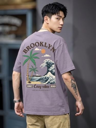 Image of SMOWKLY Authentics Men's Brooklyn Beach Digital Printed T Shirt | Round Neck Half Sleeve Casual T Shirt for Men | Casual Baggy Fit Stylish Comfortable Streetwear Fashion Tshirt for Men